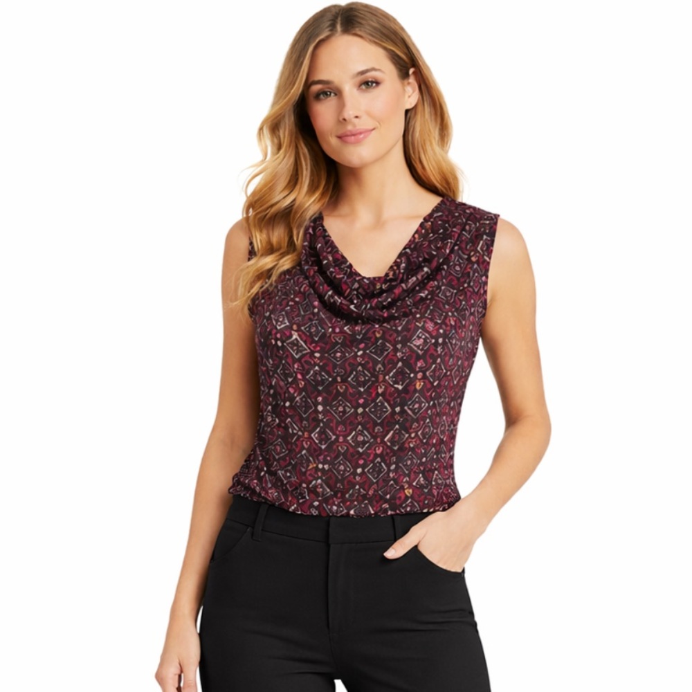 Chaps Sleeveless Drape Neck Print Blouse — Size L